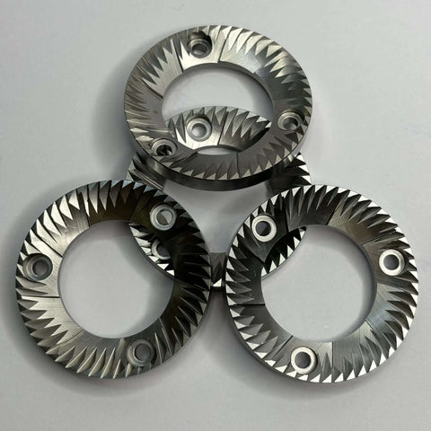 40mm Flat Burr Blade For Electric Espresso Grinders Replacement Part In Stainless Steel For Pro Grade Precise Consistent Coffee Grinding Durability And Easy Maintenance Flat Wheel Burr Milling Accessory For Home Barista Use; three stainless steel flat burr blades on a white background.