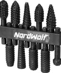 NordWolf 10-piece rotary burr set on black rack; 1/4 inch hex shanks for wood and rubber deburring