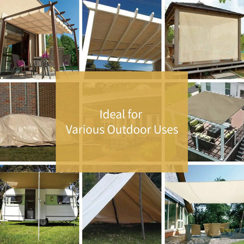 Beige 12x20 Ft Heavy Duty Waterproof Tarp With Grommets Every 3 Ft used in various outdoor settings for weather protection.