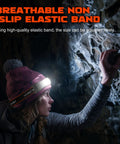 Person wearing Two Pack Rechargeable Headlamp With 1000 Lumens And 230 Degree Wide Beam Red Taillight Three Modes Lightweight Waterproof LED Head Light For Running Cycling Camping And Nighttime Outdoor Adventures while exploring a cave