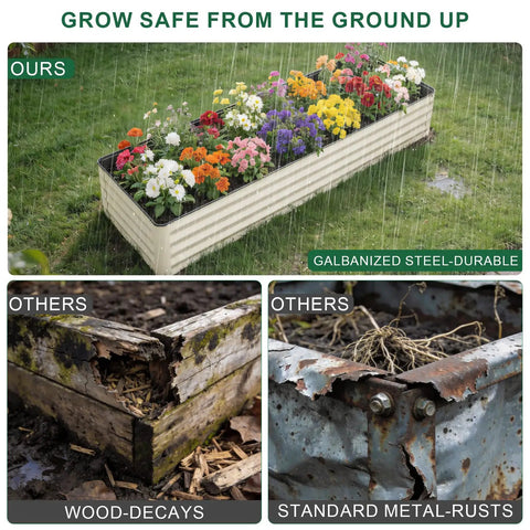 Galvanized Raised Garden Bed Kit 8x2x1 Ft, 1 Pack, LeakProof Planter Box in a garden with vibrant flowers, white metal, rain-proof