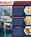 Product details image showing two pack brass pipe fittings 1/2 NPT female to 1/4 NPT female coupler for leak repair and hose adapter.
