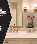 Modern bathroom with double sink, orchid arrangement, and text promoting home electrical solutions for new and old work locations.