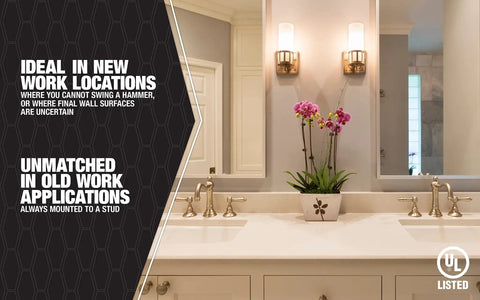 Modern bathroom with double sink, orchid arrangement, and text promoting home electrical solutions for new and old work locations.
