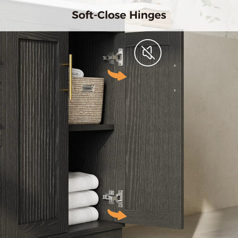 36 Inch Bathroom Vanity With Integrated Sink, Modern Black Cabinet With Soft Close Doors, 3 Roomy Drawers, Adjustable Shelf And Built In Toilet Paper Holder, FSC Certified Wood Construction That Hits Different For Top Shelf Storage Needs