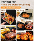 Illustration of cooking methods: oven with roast chicken, air fryer, grill, smoker, pan-fry, and rotisserie in use.