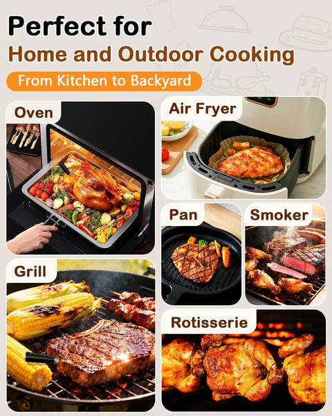 Illustration of cooking methods: oven with roast chicken, air fryer, grill, smoker, pan-fry, and rotisserie in use.