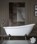Heavy Duty Acrylic Clawfoot Bathtub Featuring Fly Slipper Contour And Straight Up Brushed Nickel Fixtures in a contemporary bathroom setting.