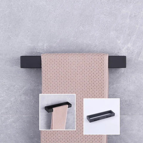 Matte Black SUS304 Stainless Steel Towel Holder Wall Mount Towel Ring And Hanger For Bathroom Lavatory Modern Square Design Rustproof Finish Heavy Duty And Easy Cleaning HG1706-BK with towel displayed against gray background.