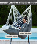 Heavy Duty Hanging Hammock Chair Swing With Footrest For Outdoor Patio Porch Lounge Up To 500 Lbs, Dark Grey, showing footrest