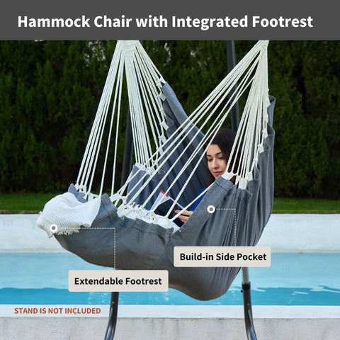 Heavy Duty Hanging Hammock Chair Swing With Footrest For Outdoor Patio Porch Lounge Up To 500 Lbs, Dark Grey, showing footrest
