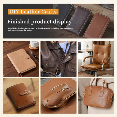 Heavy Duty 2 Pack Scratch Awl Tool Kit Rock Solid Leather Sewing Punch Set No Sweat Hole Piercer For Upholstery Repair And Everyday Crafting Projects finished leather products display.