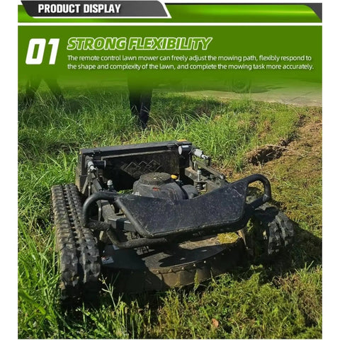 Tracked Lawn Mower Workhorse For Hills And Rough Terrain With Wireless Remote Control on uneven grassy field