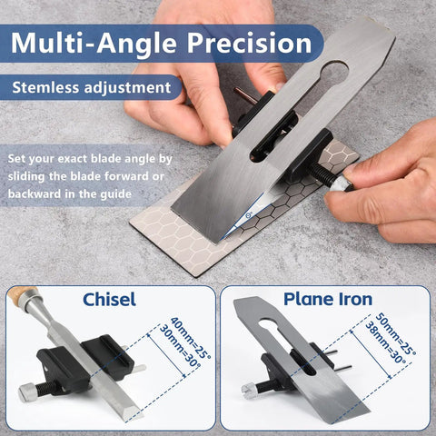 All Metal Chisel Sharpening Kit With Honing Guide And Five Diamond Stones, Adjustable Sharpening Jig showing multi-angle precision.