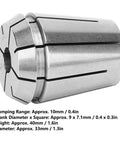 Super Durable ER32 Spring Collet Chuck for Precision CNC Milling And Drilling With Dust Blocking Design And 10 mm Clamping Range For Heavy Duty Industrial Engraving Machine Accessory, showing detail of clamping range and size.