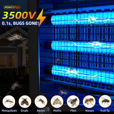 Outdoor Solar Bug Zapper For 3000 Sq Ft Coverage with LED tubes zapping insects, showing 3500V power, close-up view.