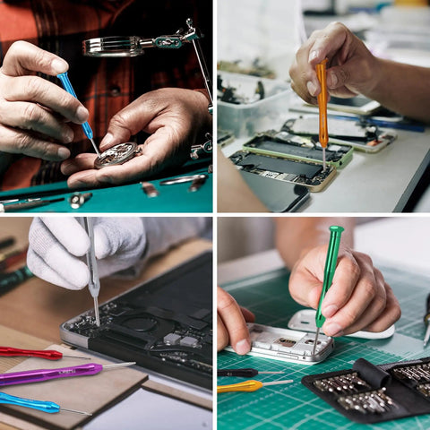 Hands using 8pc Mini Magnetic Torx Screwdriver Set for electronics, watches, and devices in precision repairs with storage case.