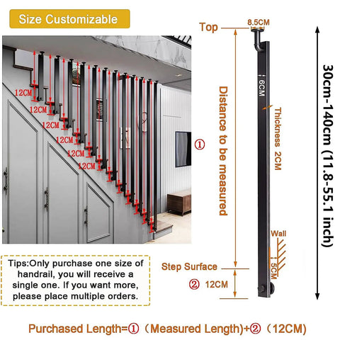 Rock Solid Matte Black Wrought Iron Handrail Adjustable Wall Mounted Stair Railing dimensions with customizable size measurements.