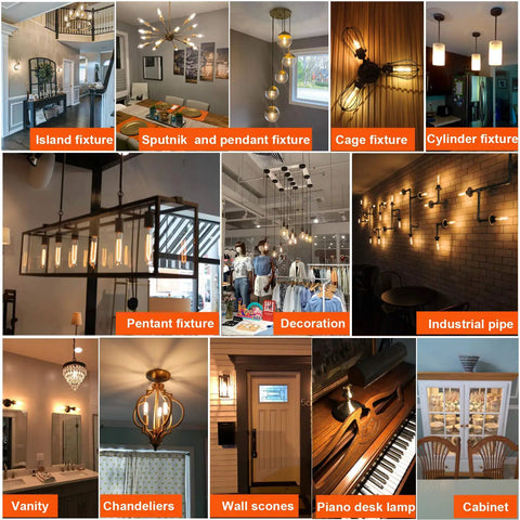 Various lighting fixtures including chandeliers, wall sconces, and pendant lights highlighting Dimmable 4W LED Bulb E26 40W Equivalent Warm White 2700K 400 Lumens