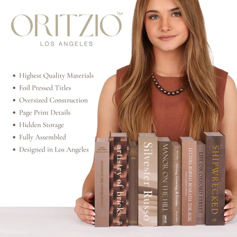 Woman with Nine Faux Books With Hidden Storage Set For Modern Shelves And Coffee Tables Neutral Paper Wrapped Decorative Books