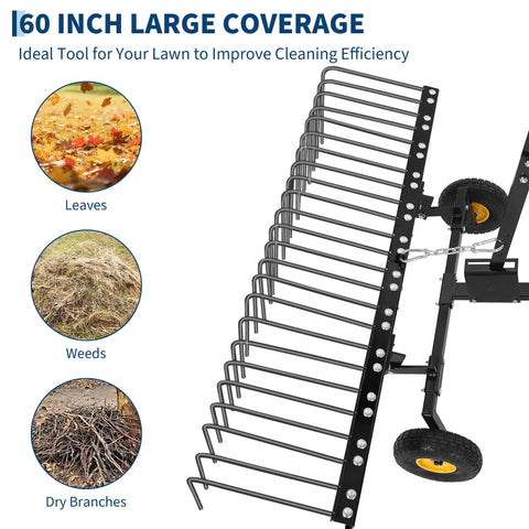 60 Inch Tow Behind Dethatcher With 24 Heavy Duty Spring Tines For Lawn And Garden Tractors Pine Needle Debris Rake