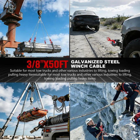 Galvanized Steel Winch Cable For Towing And Recovery Three Eighths Inch Beefy Heavy Duty 10582 Lbs Breaking Strength With Swivel Hook And Dual Aluminum Rings 6x19 Strand Core For Crane Tow Truck 50 Feet for crane lifting and tow truck recovery
