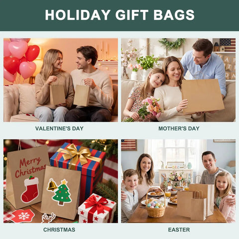 Holiday gifting scene with people exchanging small brown kraft gift bags with handles five and a quarter by three and three quarter by eight inches 50 pcs heavy duty 100 GSM kraft paper great for small biz gift wrapping party favors birthday bags shopping made in USA.