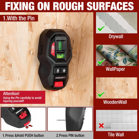 2-In-1 Laser Level With Magnetic Stud Finder on wooden surface, demonstrating use on drywall, wallpaper, and wooden walls.
