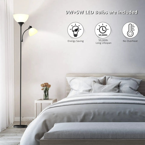 LED Torchiere Floor Lamp With Adjustable Reading Light For Bedroom And Living Room, Matte Black Standing Lamp beside a bed