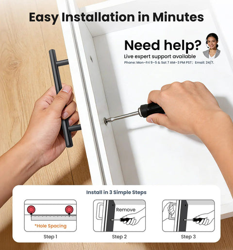 Hands installing Snag This Set Of Sharp Matte Black Cabinet Handles 30 Pack Heavy Duty Stainless Steel Bar Pulls on a drawer.