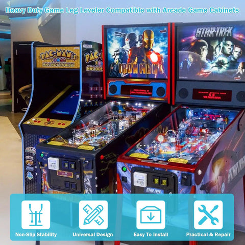 Heavy Duty 2 Inch Leg Levelers Set With Square Metal Plate for arcade game cabinets shown with pinball machines