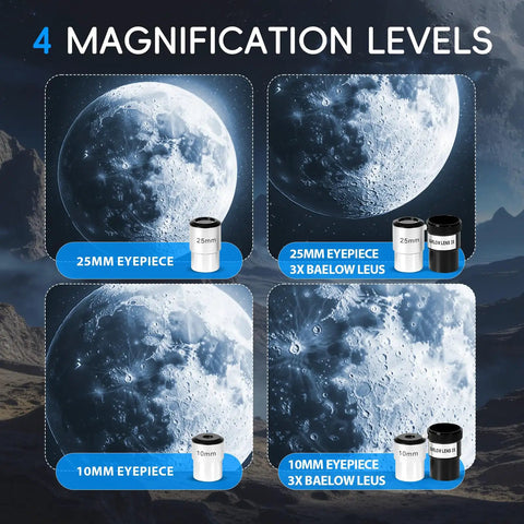 Four magnification levels with eyepieces for High Powered Portable Astronomy Telescope For Adults And Newbies.