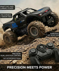 Amphibious 4WD RC Monster Truck with waterproof design climbing dirt terrain, 1:16 scale, large tires, and remote control in view