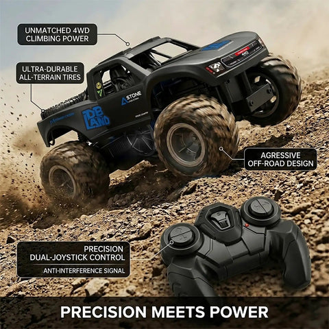 Amphibious 4WD RC Monster Truck with waterproof design climbing dirt terrain, 1:16 scale, large tires, and remote control in view