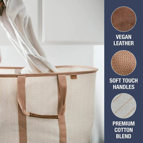 Grab And Go Collapsible Laundry Caddy Tote With Handles, XXL 64L Pop Up Laundry Basket in Luxe Cream Herringbone, fabric detail