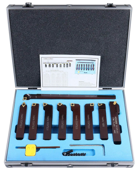 Accusize 3/4 in shank 9-piece indexable turning and boring tool set with TiN-coated inserts in a metal case