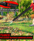 Person using Cordless Leaf Blower and Vacuum with Brushless Motor in yard, showing tube installation and leaf clearing.