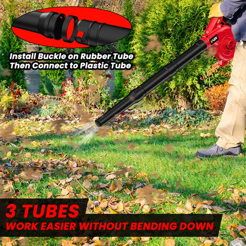 Person using Cordless Leaf Blower and Vacuum with Brushless Motor in yard, showing tube installation and leaf clearing.