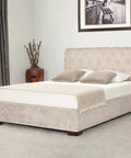 Bedroom with beige upholstered bed featuring solid wood furniture legs set with L shaped bed risers for sofa couch dresser cabinet and table feet 4 pack durable easy on the knees boosts clearance smooth edges