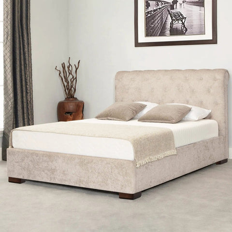 Bedroom with beige upholstered bed featuring solid wood furniture legs set with L shaped bed risers for sofa couch dresser cabinet and table feet 4 pack durable easy on the knees boosts clearance smooth edges