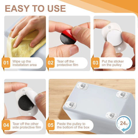 Step-by-step guide to install 8 Pack Self Adhesive Appliance Casters Wheels on a box, showcasing easy adhesive application and 360-degree swivel.