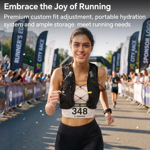 Runner wearing Lightweight Running Hydration Vest With Two 250ml TPU Soft Flasks, BPA Free Bottle System, Easy Bite Drink On The Move