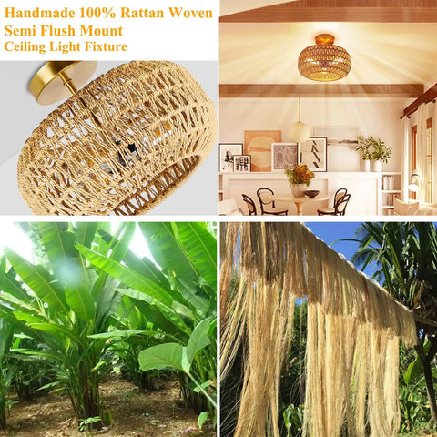 Boho Rattan 3-Light Ceiling Fixture in a living room setting with woven details, part of the 360-degree warm ambient lighting collection.