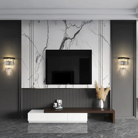 Modern living room with Black Crystal Wall Sconce With 4 Tier Crystal Display Modern Wall Light Fixture Bedside Mount Lamp.