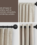 Heavy Duty 1 Inch Industrial Wrap Around Curtain Rod In Black, Adjustable 32 To 48 Inches with various curtain styles