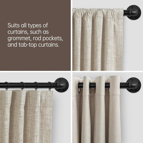 Heavy Duty 1 Inch Industrial Wrap Around Curtain Rod In Black, Adjustable 32 To 48 Inches with various curtain styles