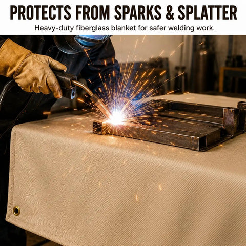 Fiberglass Welding Blanket Heavy Duty Pro Grade Built Tough 4x6 Ft With Brass Grommets Heat Resistant Mat in use during welding