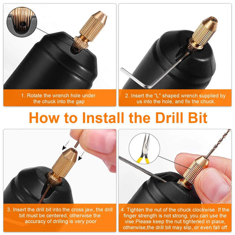 Pro Grade Electric Resin Drill Set Pin Vise Mini Hand Drill Kit installation guide with close-up of drill bit assembly steps.