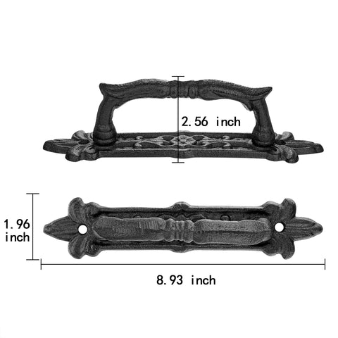 4 Pack Heavy Duty 8.9 Inch Black Cast Iron Barn Door Handles Set, front and side view, dimensions noted, rustic vintage hardware.