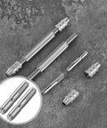 Go To Dual Ended Pin Vise Kit Featuring Two Mini Hand Drills and Four Copper Chucks on a textured surface.